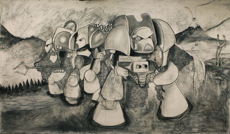 Titel: Besökarna, mått:  220 x 340 cm, Blyerts, kol och akryl på dubbelsidigt papp. 