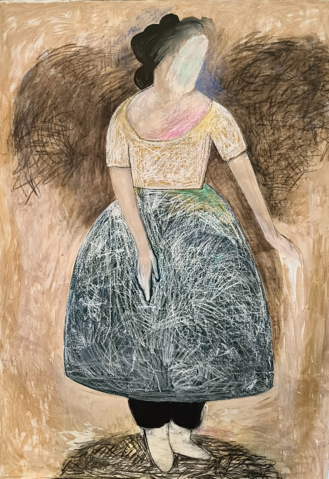 Titel: Protected. Material: Tempera, kol och oljepastell på linneduk. Mått 215 x 150