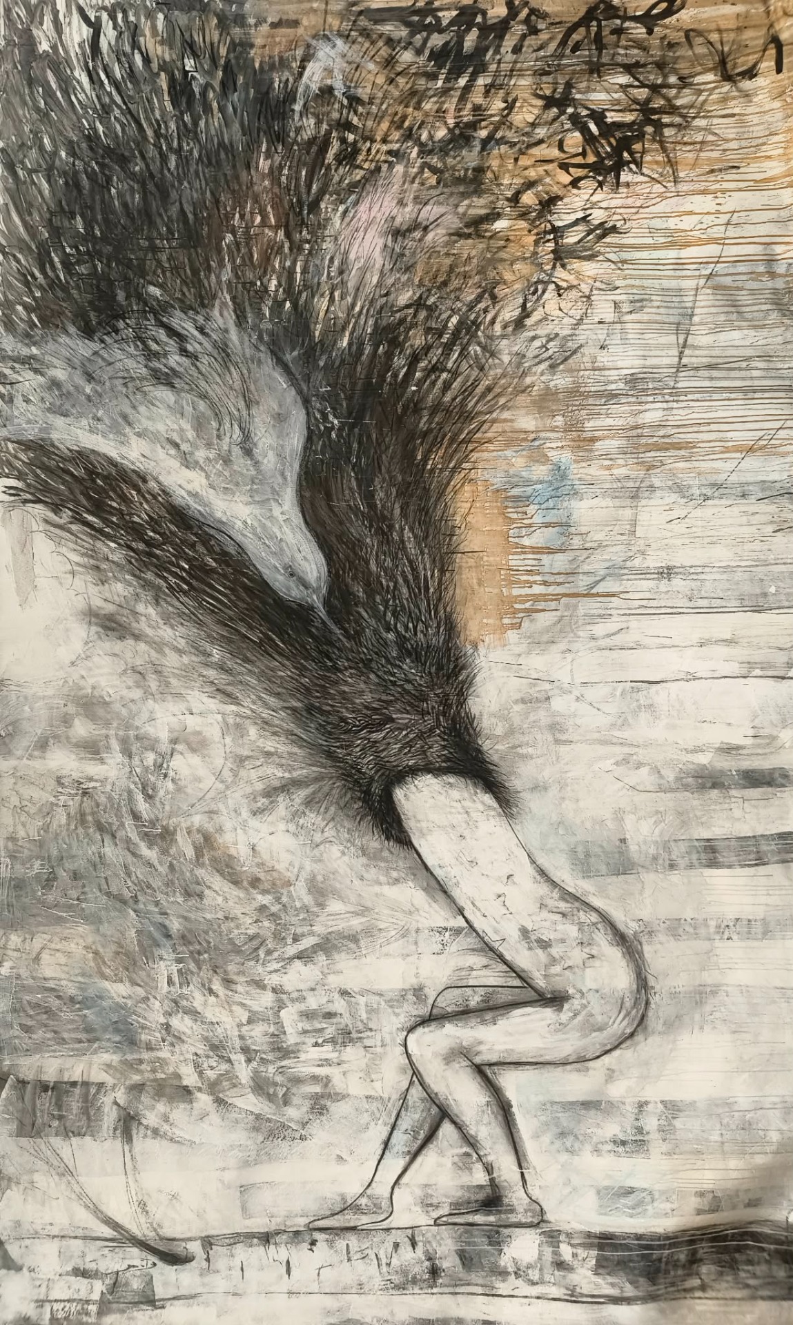Titel: Katepiller. Material: akryl, tempera och kol på linneduk. Mått: 380 x 220 cm