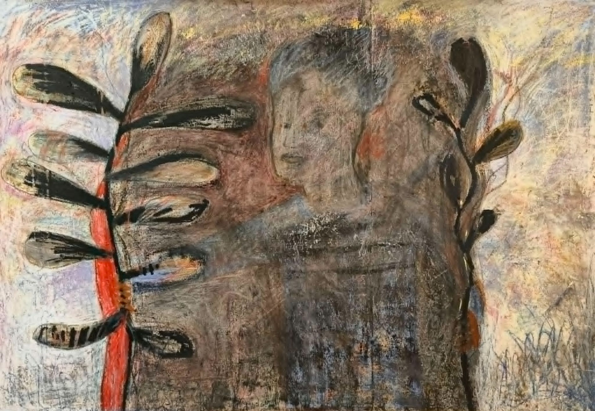 Titel: I skuggan. Matrial: Tempera, oljepastell på bomulsduk. Mått 189 x 143 cmpå