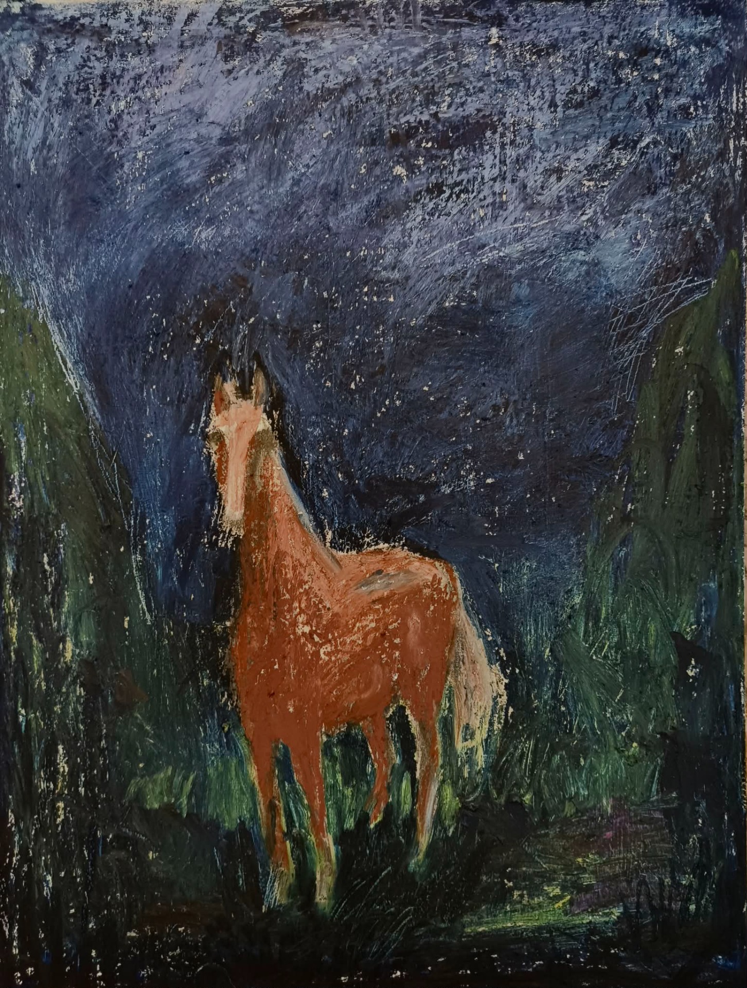 Titel: Besök. Material: Oljepastell på grundad pannå. Mått: 67 x 81 cm