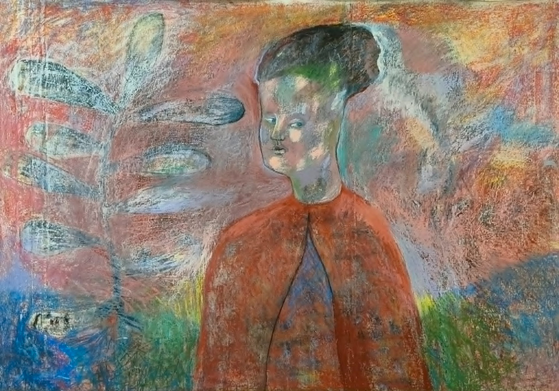 Titel: Speglingar i landskap. Material: Tempera, oljepastell och kol på bommullsduk. Mått: 189 x 143 cm.
